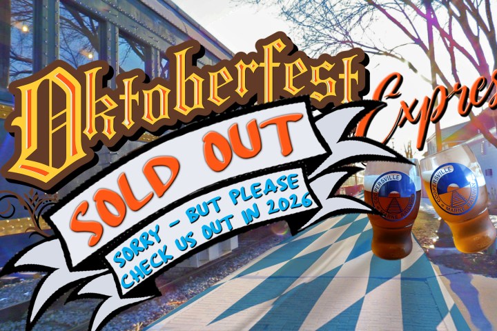 Oktoberfest Express sold out sign with beer glasses and train background.