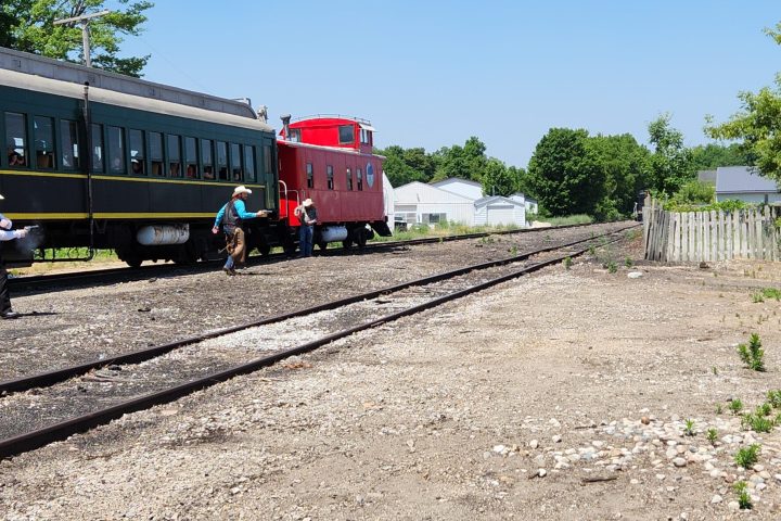 a train is parked on a dirt track