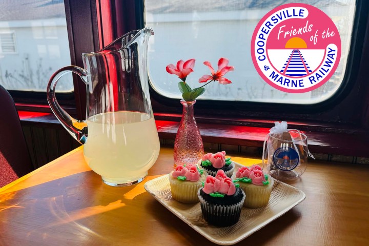 Table with lemonade, cupcakes, flowers, and Coopersville & Marne Railway logo.