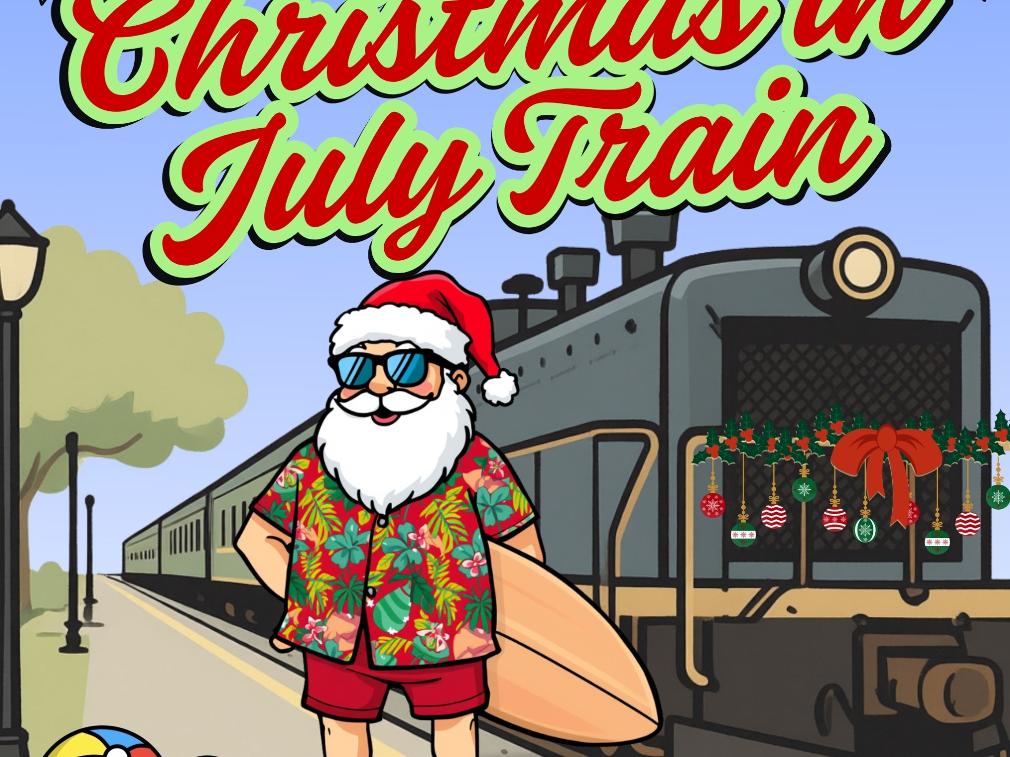 Santa in summer attire by a train, decorated for Christmas in July.