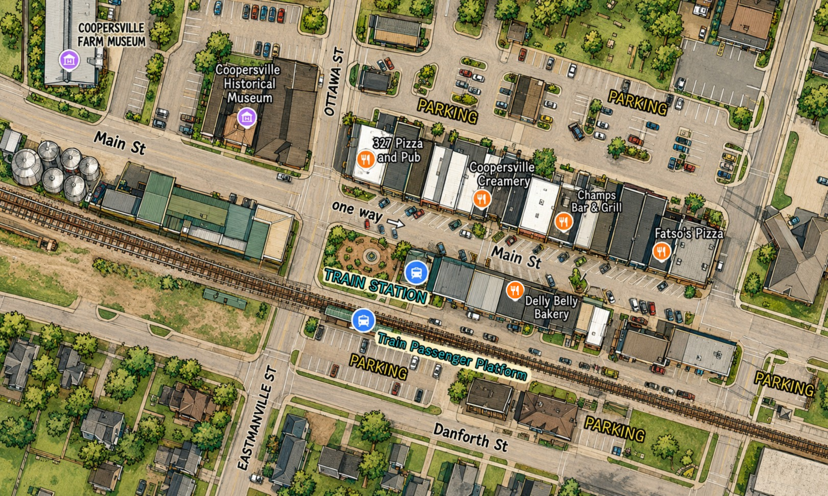 Aerial view of downtown area with buildings, streets, and a train station.