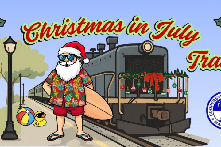 Santa in beachwear with surfboard by train, text 'Christmas in July Train'.