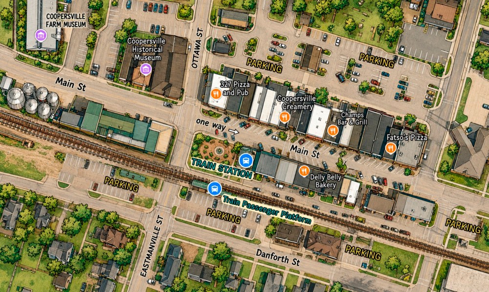 Map showing businesses and train station on Main St, Coopersville.